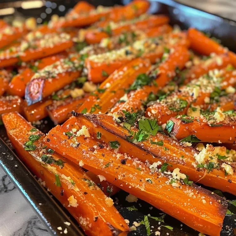 Nourishing Memories: Parmesan Garlic Roasted Carrots That Brighten the Table Close-up view of roasted carrots topped with grated Parmesan and garlic.