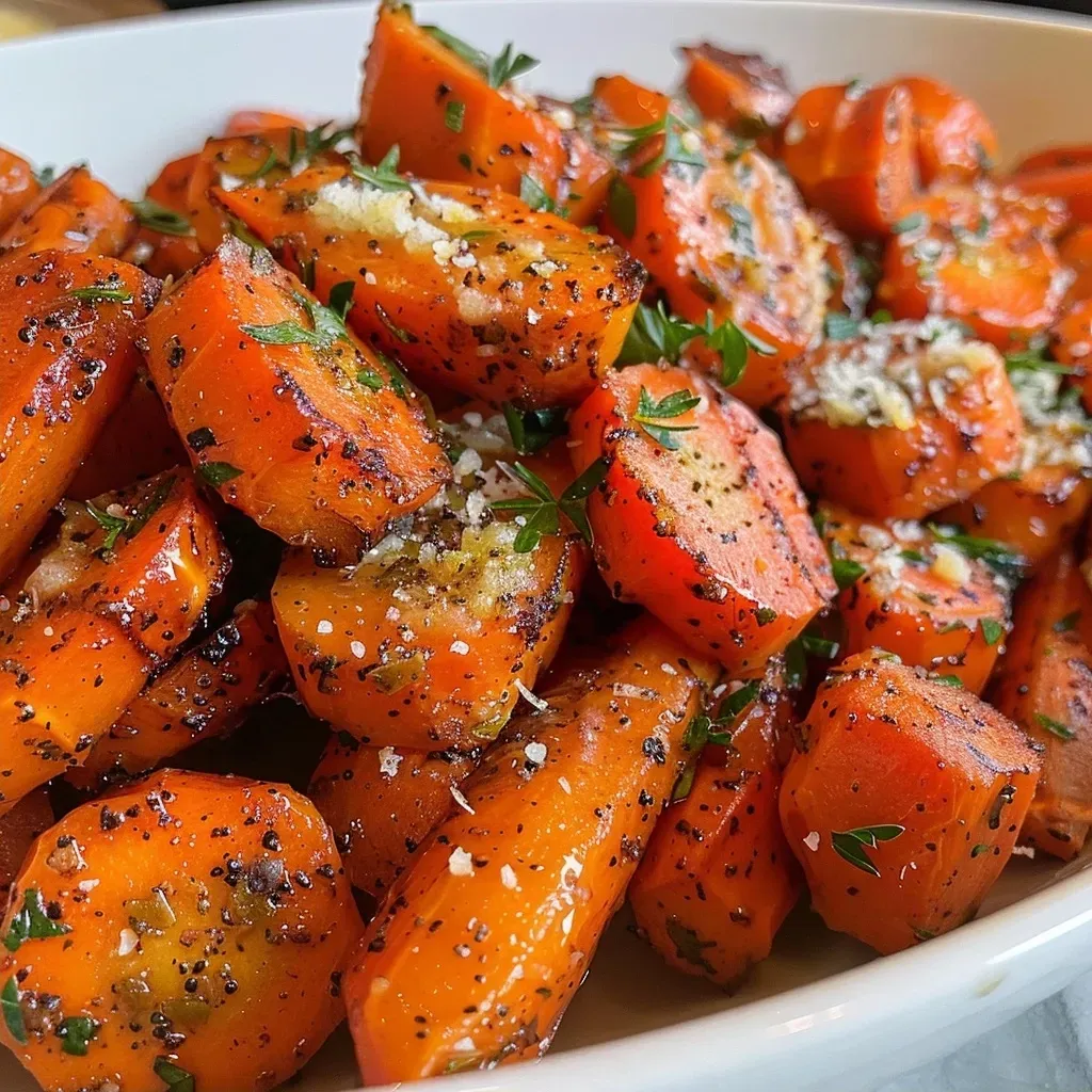 Juicy oven-roasted carrots with a golden crust and garlic seasoning.