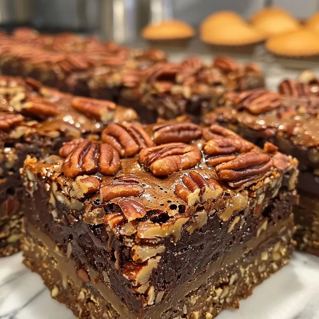 Side view of delicious Pecan Pie Brownie Bars featuring a rich chocolate drizzle.
