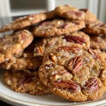 Close-up of a pecan pie cookie with a golden-brown exterior, topped with pecans and sea salt.