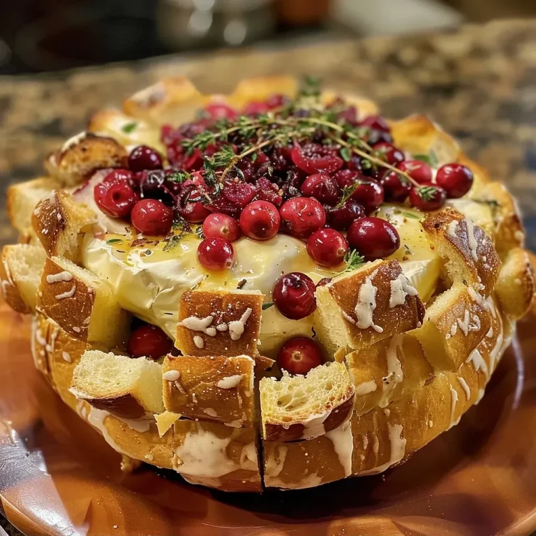 Gather ‘Round: The Pull Apart Bread Bowl That Brings Us Together Close-up of a golden-brown bread bowl filled with melted brie and cranberry sauce.