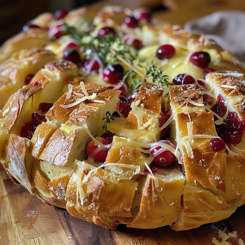 Side view of a rustic bread boule overflowing with gooey cheese and vibrant cranberry glaze.