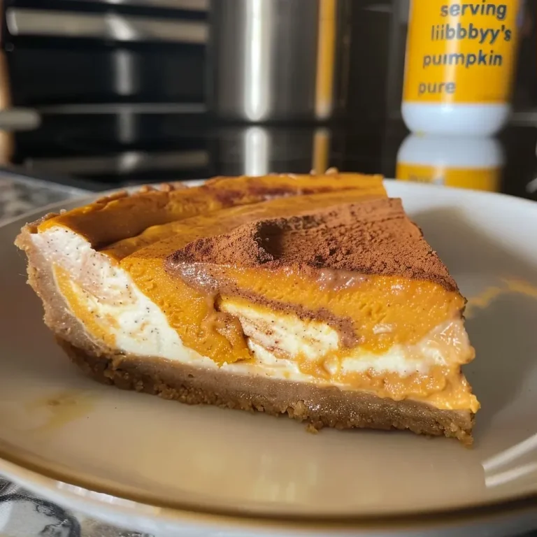 A Cozy Slice of Autumn: Pumpkin Cinnamon Swirl Protein Cheesecake Side view of a creamy pumpkin cinnamon swirl cheesecake with a cinnamon topping.