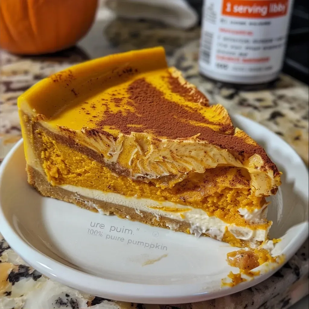 Close-up of a pumpkin cheesecake slice revealing swirls and a smooth texture.