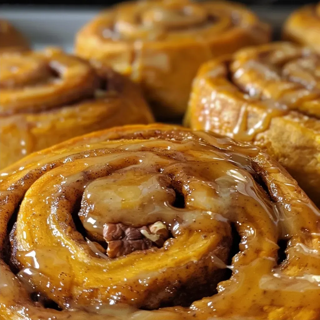 A delicious batch of pumpkin pie cinnamon rolls, showing layers of dough and filling.