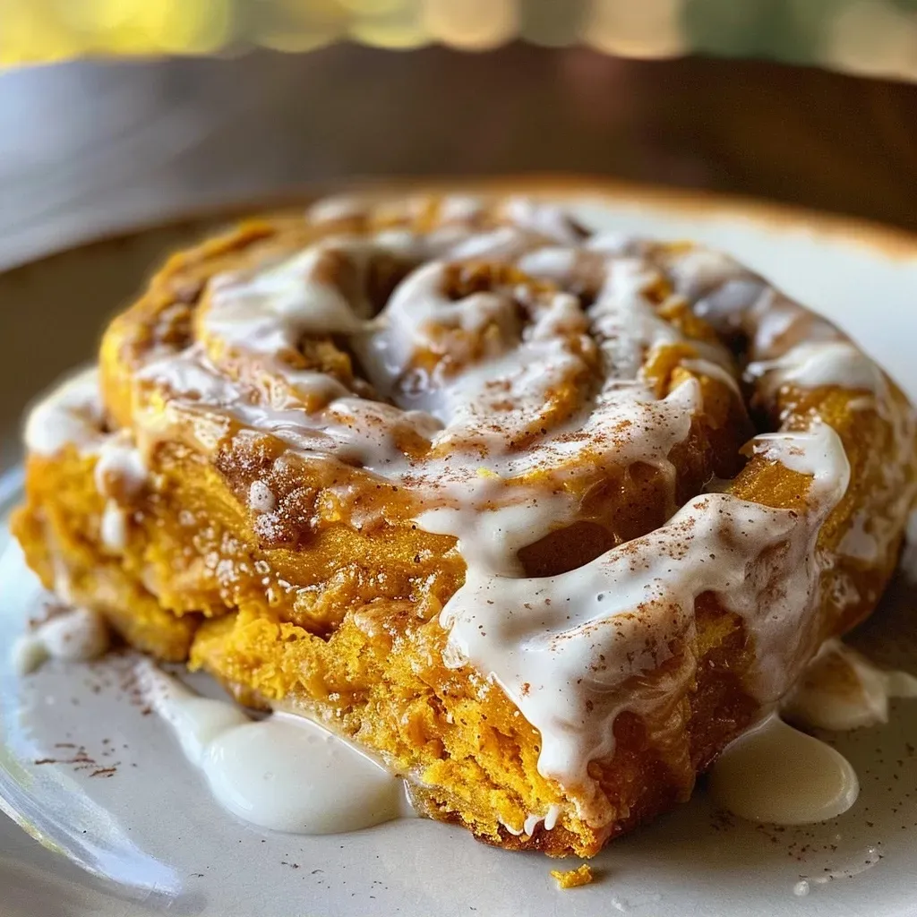 Side angle shot of warm, baked Pumpkin Spice Protein Cinnamon Rolls showcasing layers and a sprinkle of cinnamon.