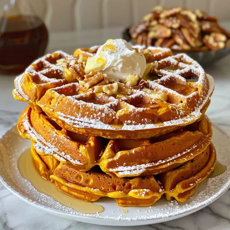 Waffles That Whisper Autumn’s Embrace Close-up of golden-brown pumpkin waffles stacked with syrup drizzling on top.