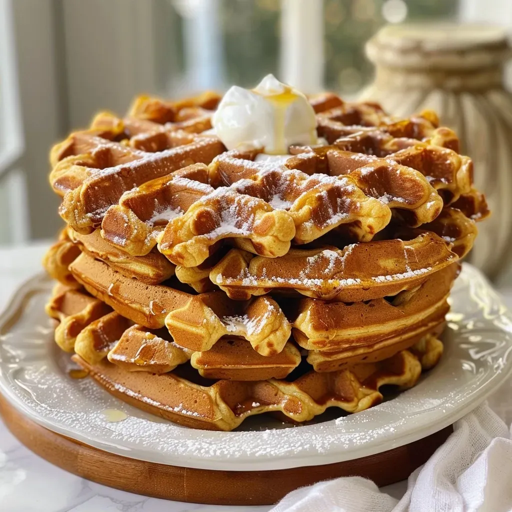Side view of fluffy pumpkin waffles adorned with whipped cream and chopped pecans.