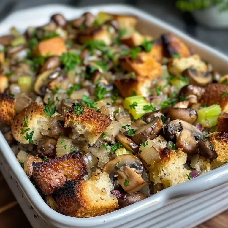 Nourishing Memories: Quick Mushroom Stuffing with Traditional Herbs Close-up of a bowl filled with delicious mushroom stuffing featuring chunks of bread and herbs.