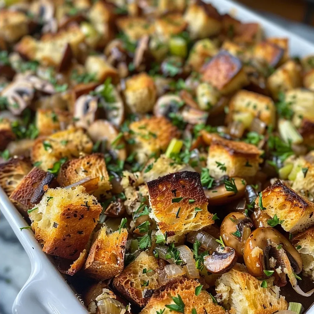 Side view of a savory mushroom stuffing dish showcasing sliced mushrooms and chopped vegetables.