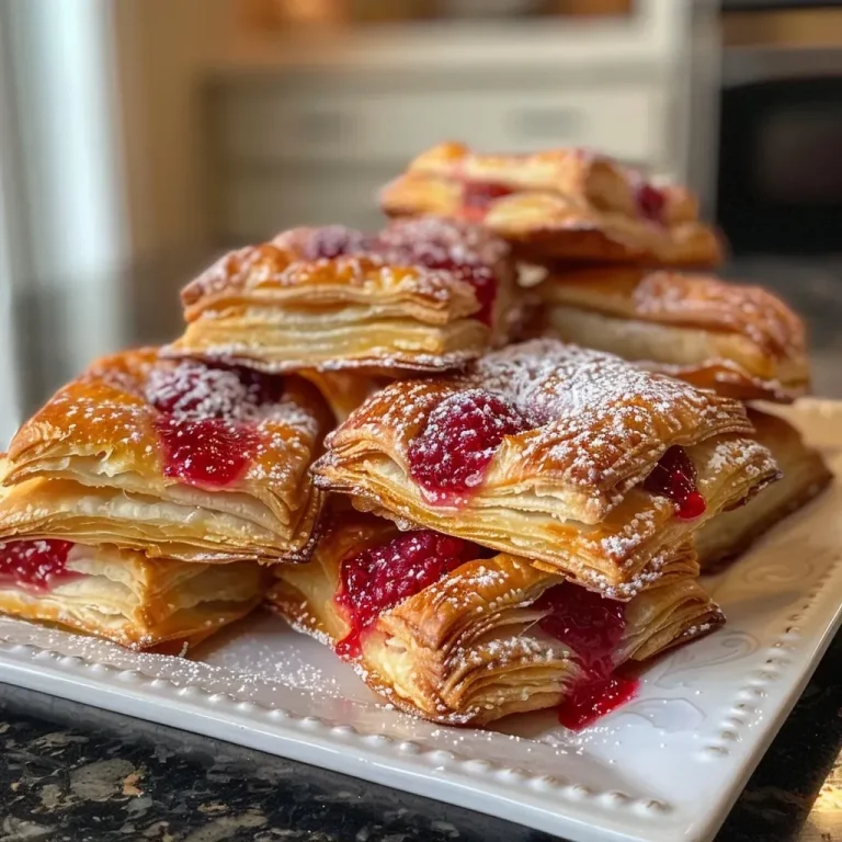 Little Puffs of Joy: Raspberry Pastry Bites to Sweeten Your Day A close-up view of golden-brown puff pastry bites filled with vibrant raspberry jam.
