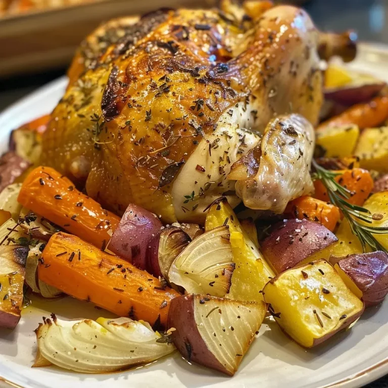Homecoming Roast: A Chicken and Root Vegetable Feast A close-up side view of juicy roast chicken surrounded by colorful root vegetables.