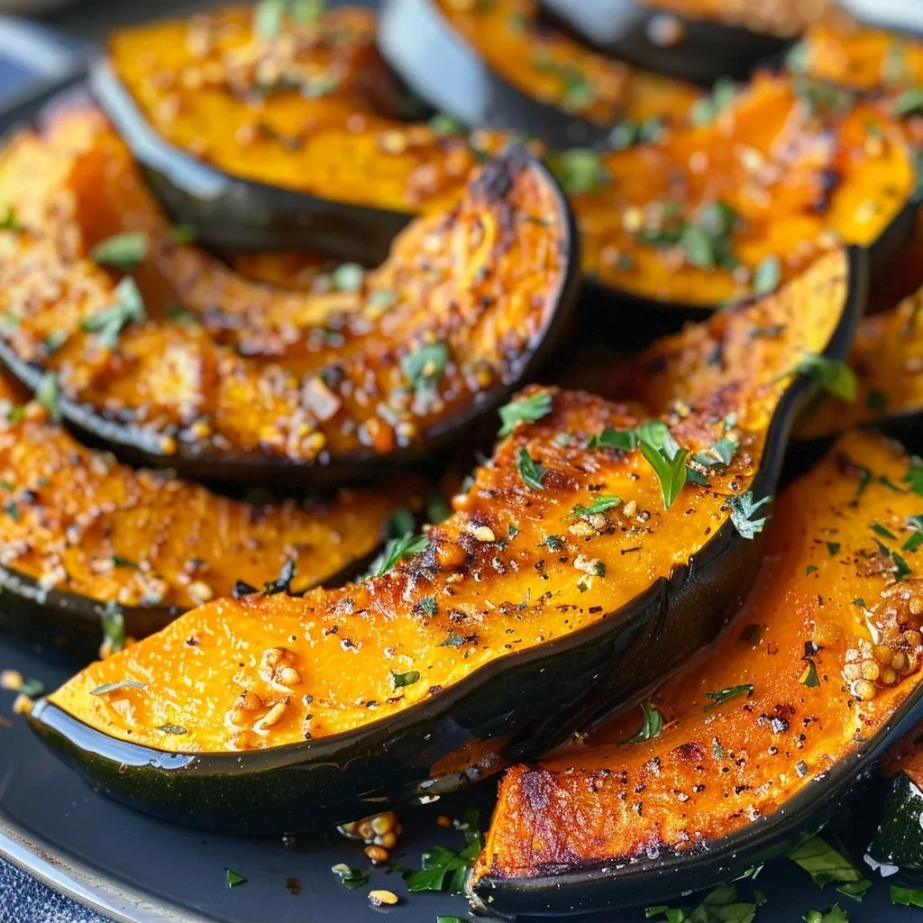 Juicy roasted kabocha squash garnished with parsley and served on a white platter.