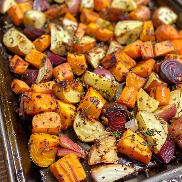 Harvest Harmony: A Melodious Medley of Roasted Root Vegetables Close-up view of a colorful array of roasted root vegetables on a plate.