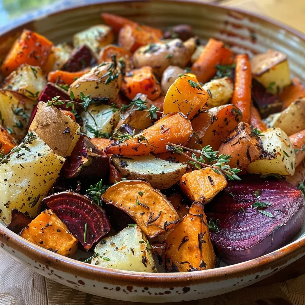 Side view of roasted carrots, sweet potatoes, parsnips, and butternut squash with herbs.