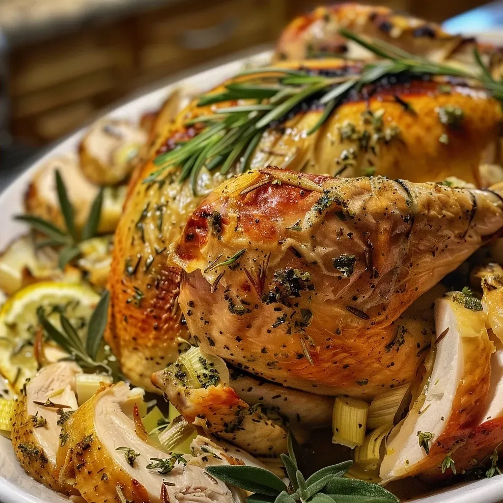 Close-up view of a roasted turkey breast with golden skin and herb butter.
