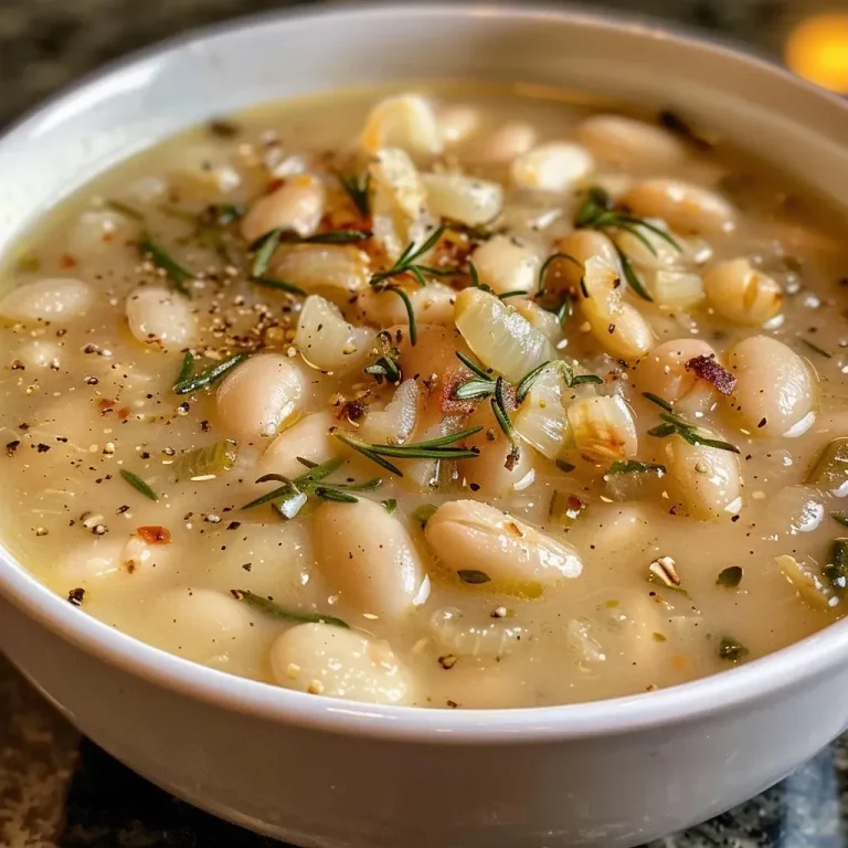 Whispers of Home: A Heartwarming Rosemary and Roasted Garlic White Bean Soup Close-up of creamy white bean soup with roasted garlic and rosemary.