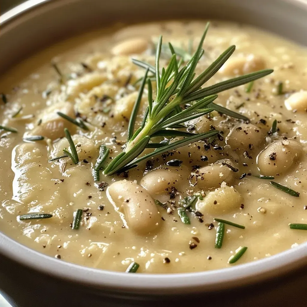 Side view of a bowl filled with white bean soup topped with herbs.