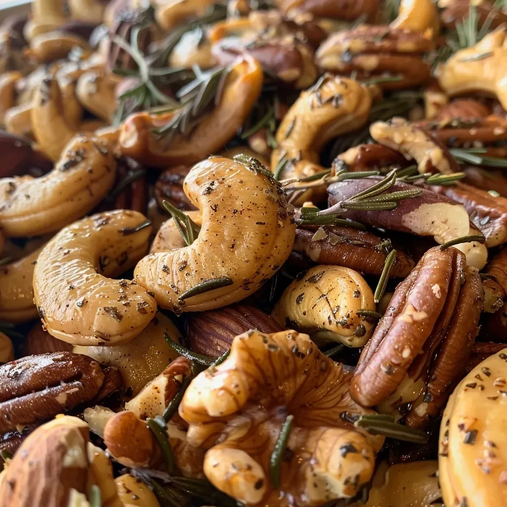 Side view of assorted nuts seasoned with rosemary and spices in a rustic bowl.