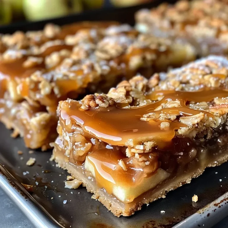 A Cozy Autumn Delight: Salted Caramel Apple Pie Bars That Warm the Heart Close-up side view of Salted Caramel Apple Pie Bars drizzled with caramel.