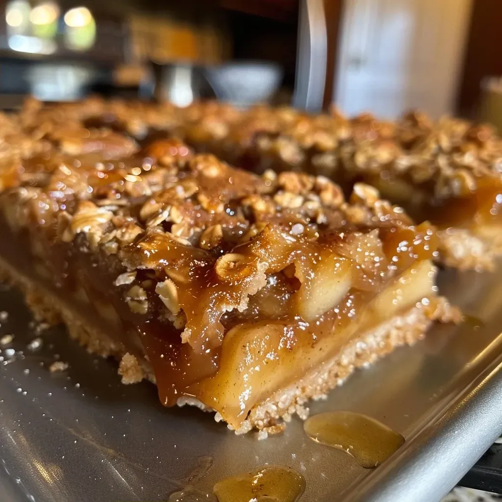A delectable slice of Salted Caramel Apple Pie Bars showcasing layered apples and caramel.