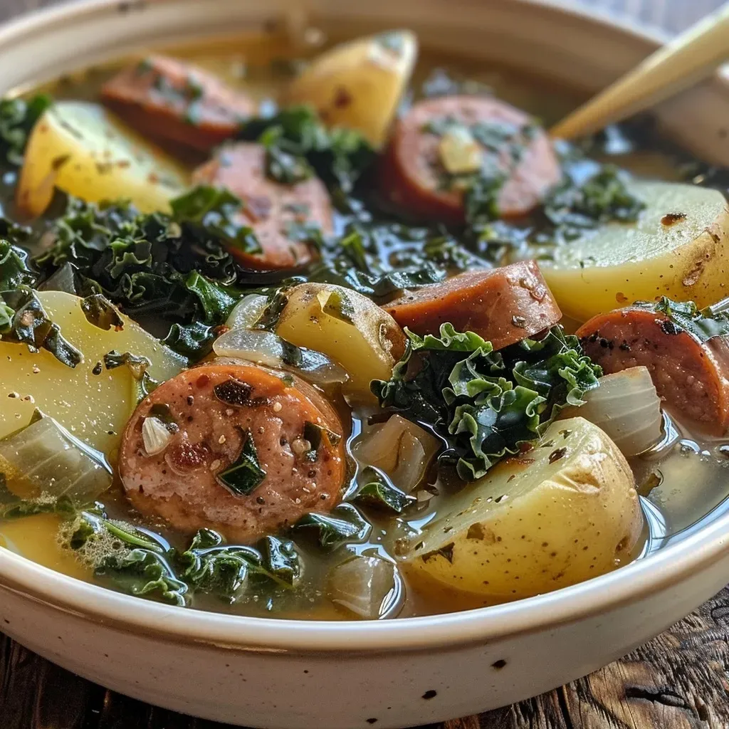 A hearty serving of Sausage Potato and Kale Soup showcasing sliced sausage, potatoes, and green kale.