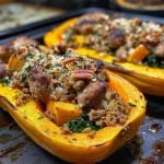 Close-up of a roasted butternut squash filled with colorful sausage and vegetable stuffing.