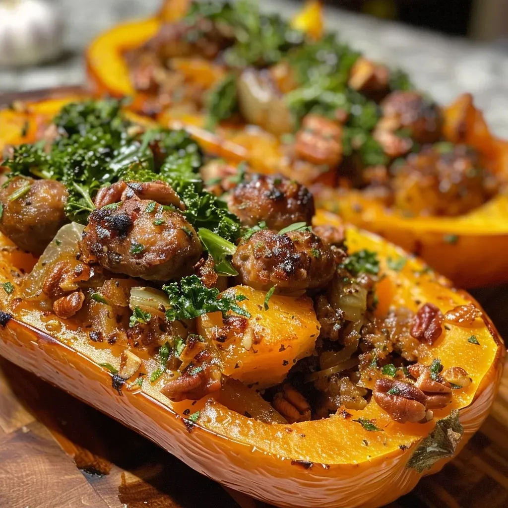 Side view of a sliced butternut squash showcasing its sausage stuffing and garnishes.