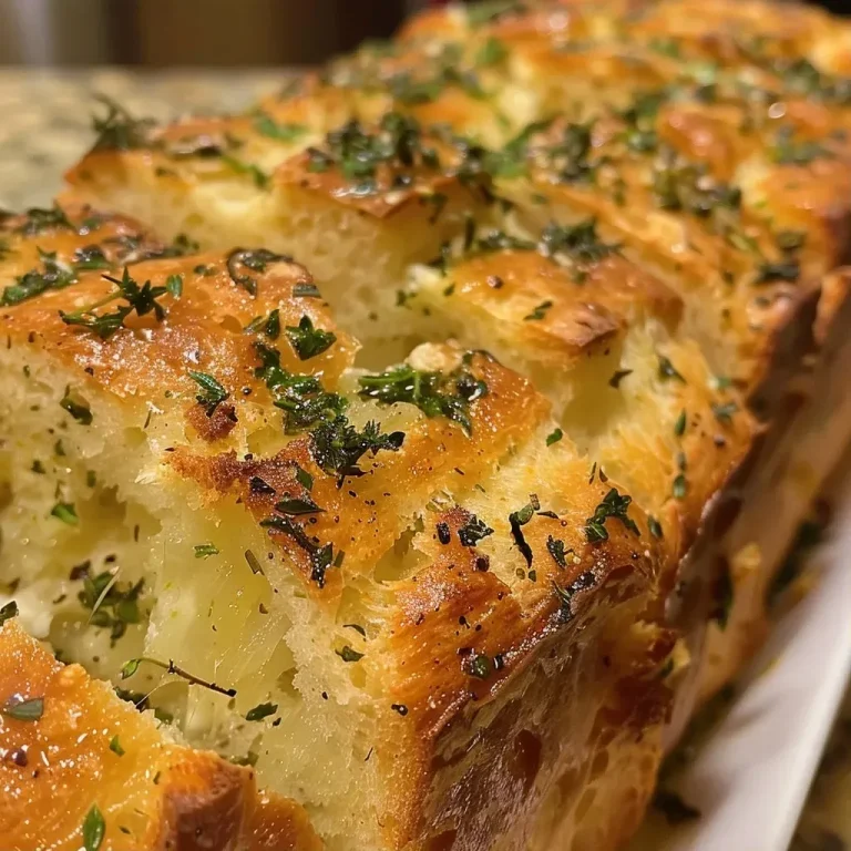 Close-up view of Savory Herb Stuffing Bread showcasing a golden crust and herbs.