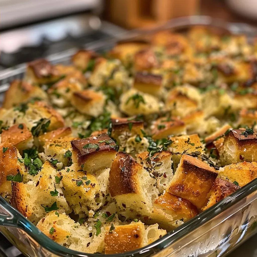 Side view of freshly baked Savory Herb Stuffing Bread highlighting its fluffy texture.
