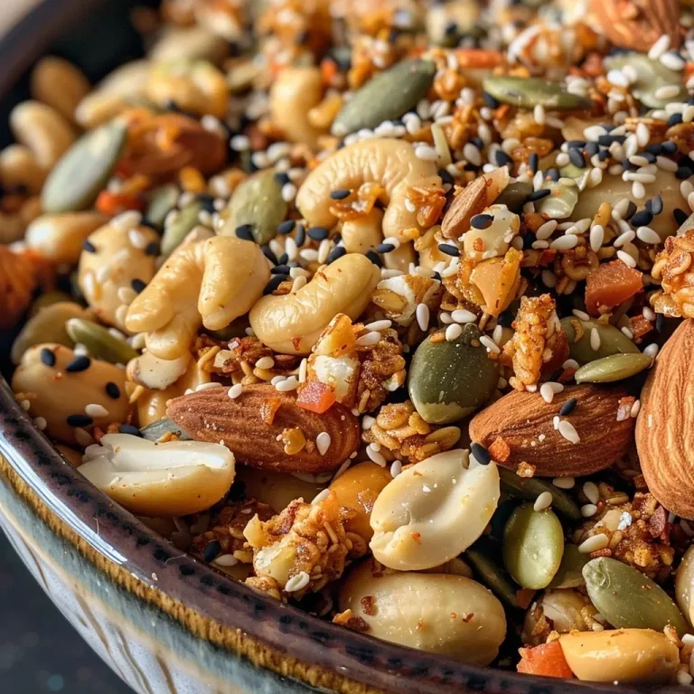 Nibbles of Nostalgia: A Savoury Trail Mix That Unites Generations Close-up of a colorful Savoury Trail Mix in a bowl, showcasing nuts and seeds.