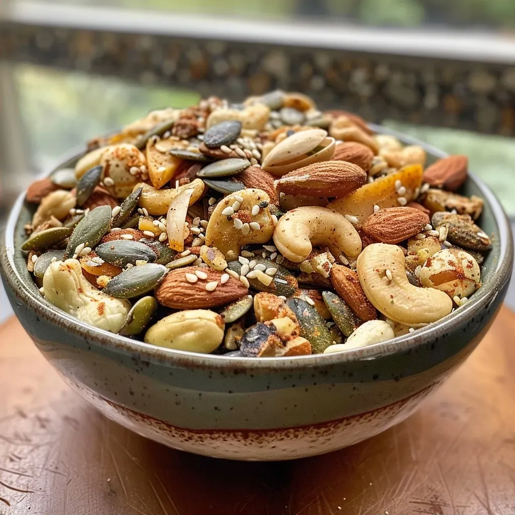 Side view of a vibrant Savoury Trail Mix with almonds, cashews, and pumpkin seeds displayed.