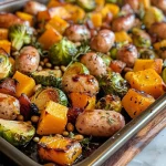Close-up of a vibrant sheet pan filled with chicken sausage and mixed harvest veggies.