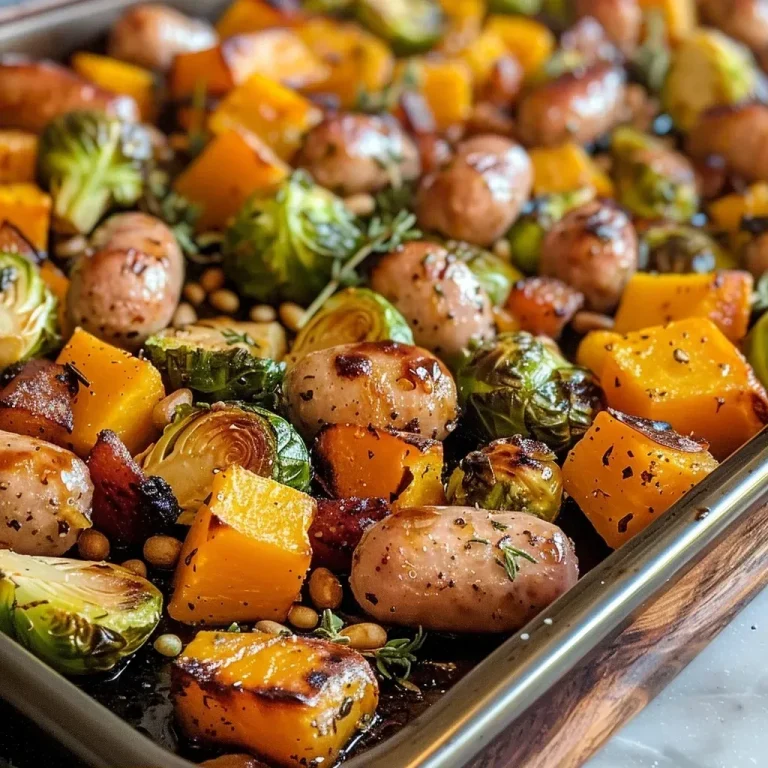 Autumn’s Embrace: A Heartfelt Sheet Pan Chicken Sausage Delight Close-up of a vibrant sheet pan filled with chicken sausage and mixed harvest veggies.