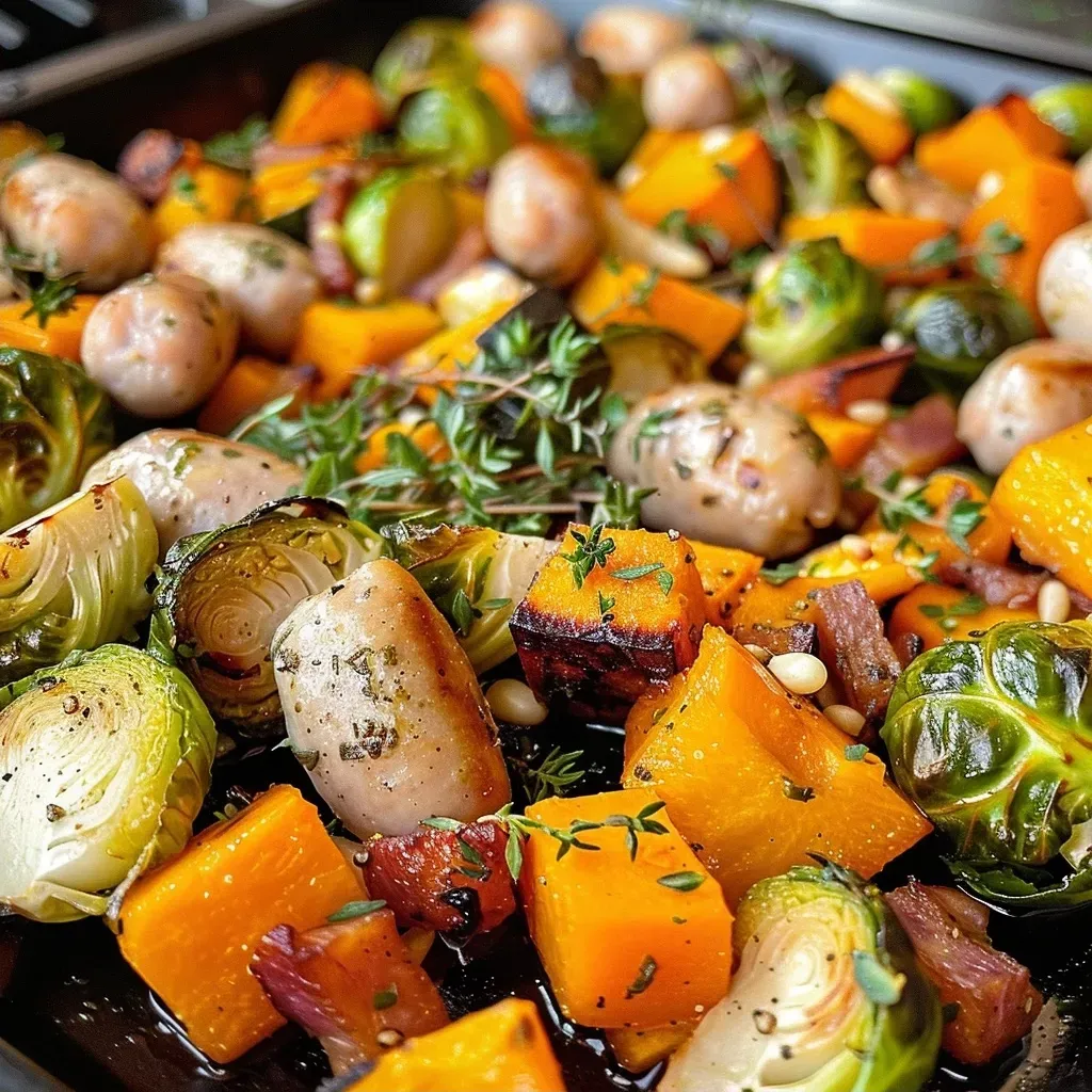 Juicy slices of chicken sausage alongside roasted Brussels sprouts and butternut squash on a sheet pan.