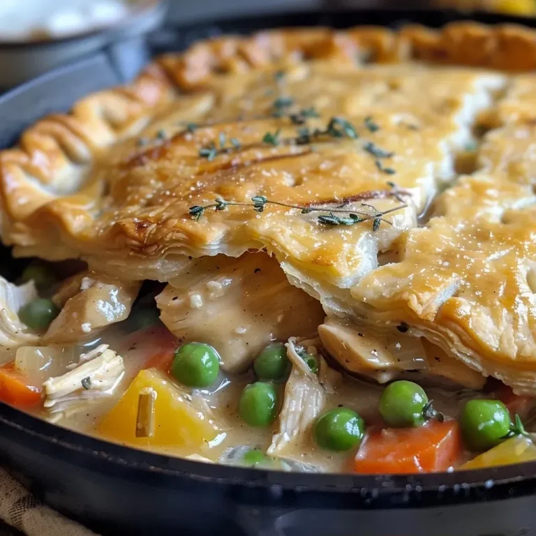 The Heartwarming Skillet Chicken Pot Pie That Brings Us Together A close-up of a juicy Skillet Chicken Pot Pie, showcasing the golden crust and visible ingredients.