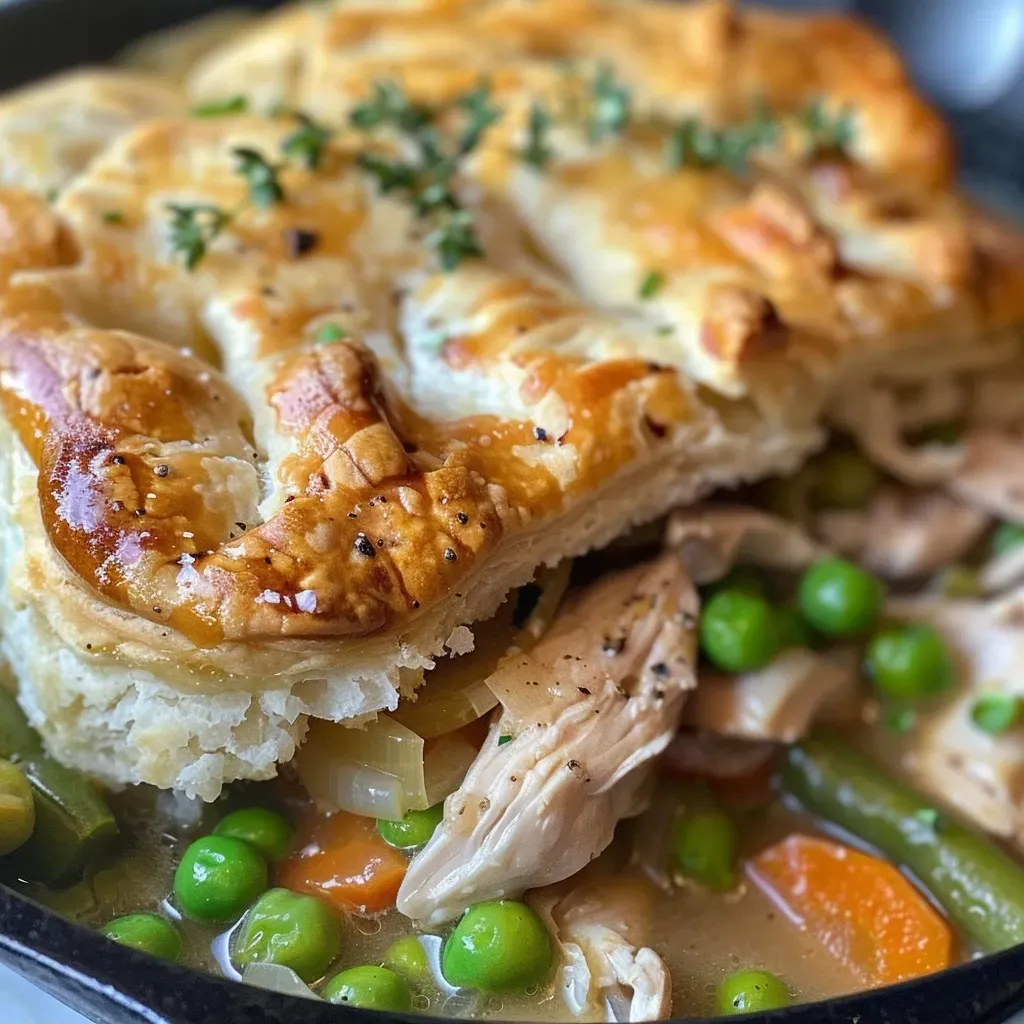 A side view of a Skillet Chicken Pot Pie, highlighting the flaky crust and colorful filling.