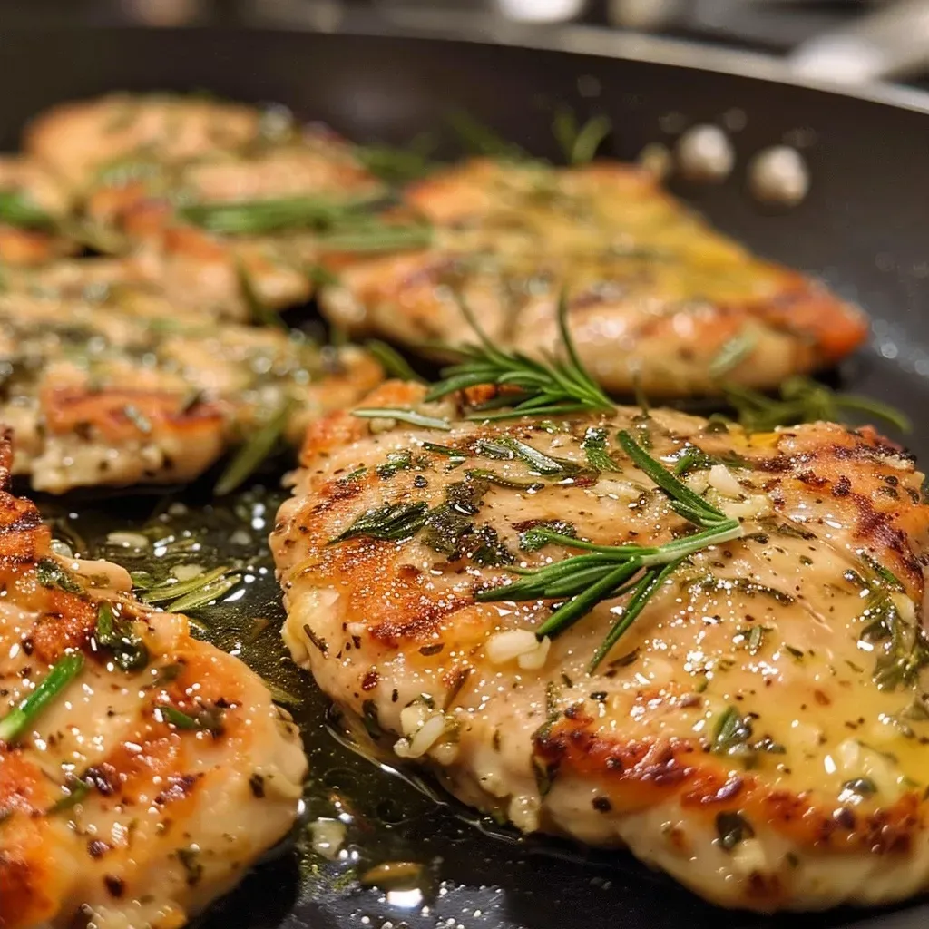 Close-up view of tender turkey cutlets with a savory herbed gravy.