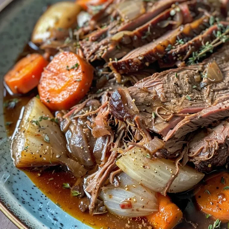 The Tender Embrace of Slow Cooker Beef Brisket: A Family Favorite Close-up of juicy slow-cooked beef brisket on a plate.