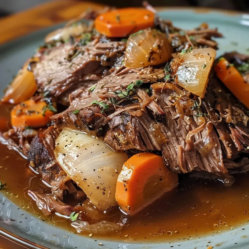 Side view of tender pulled beef brisket with gravy and vegetables.