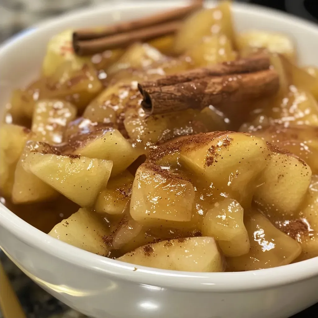 Side angle of a creamy, chunky slow cooker applesauce infused with cinnamon.