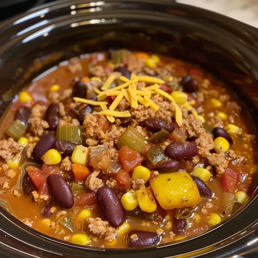 A side view of a hearty serving of turkey chili, highlighting the texture and various components.