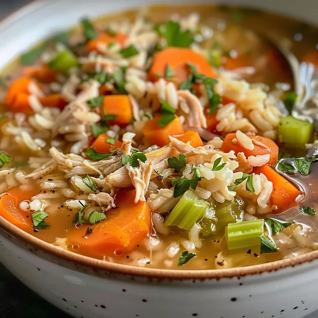 A mouthwatering bowl of Slow Cooker Turkey Rice Soup, emphasizing slices of carrots and celery in a rich broth.