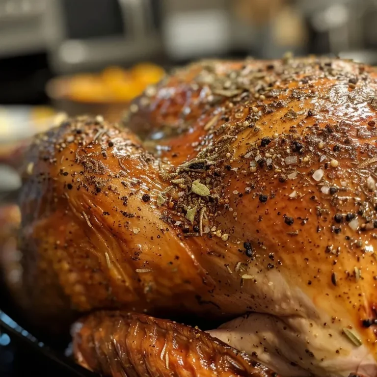 Embracing the Night: The Slow Roasted Overnight Turkey That Brings Us Together Juicy slow roasted turkey with golden skin and herbs.