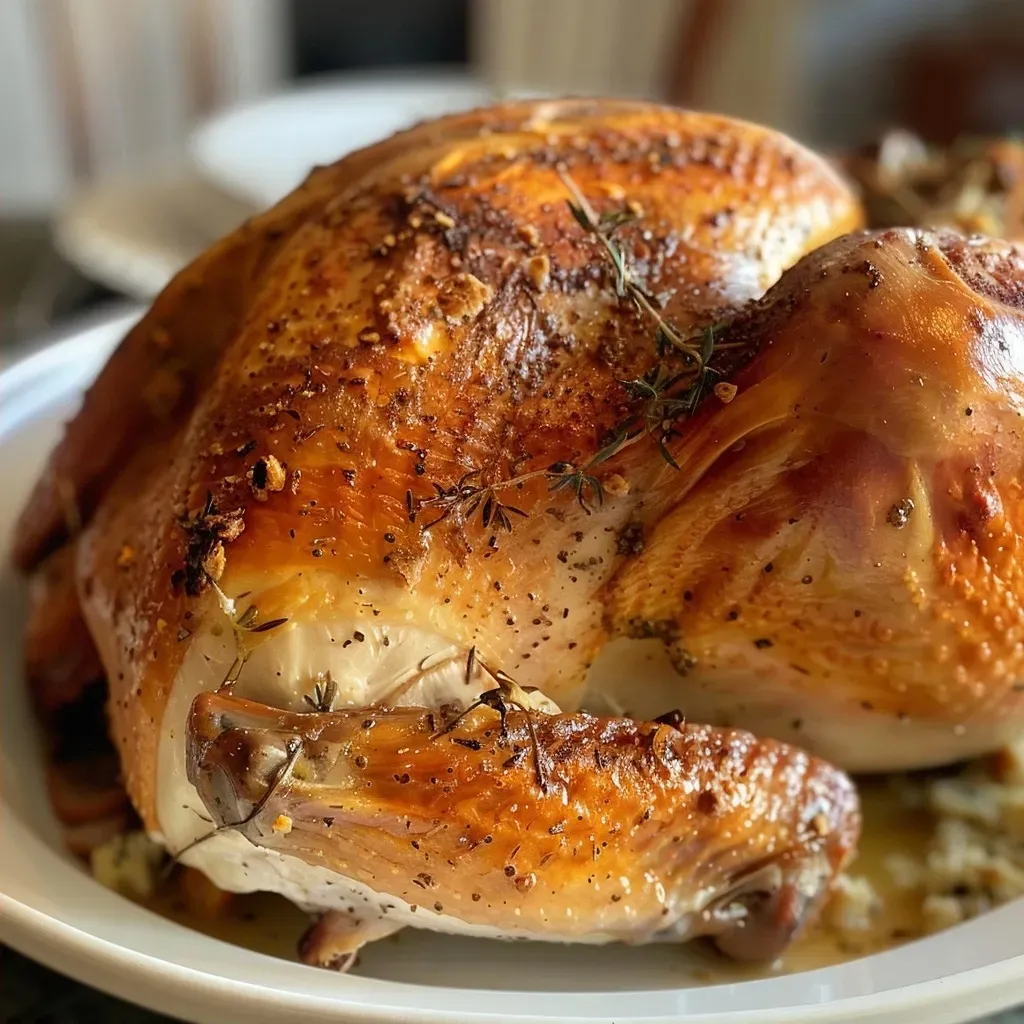 Close up of a perfectly cooked turkey, glistening with butter.