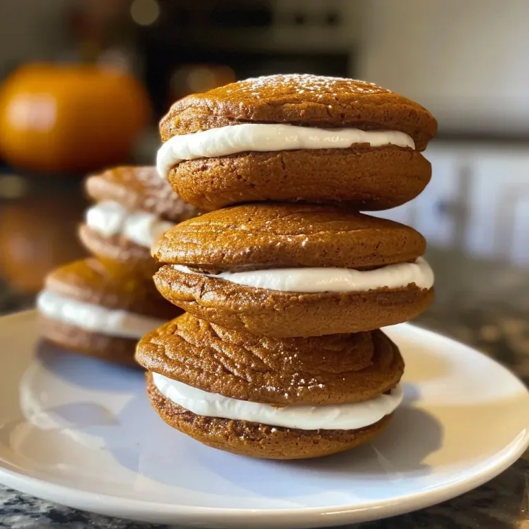 Close-up side view of small batch pumpkin spice whoopie pies showcasing a creamy filling.