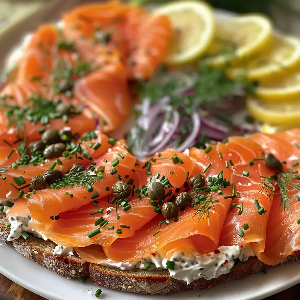 A vibrant smoked salmon platter with colorful toppings and fresh ingredients arranged neatly.