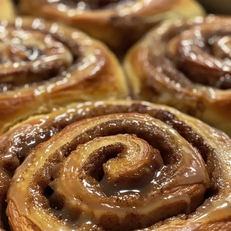 Close-up view of soft gingerbread cinnamon rolls drizzled with icing.