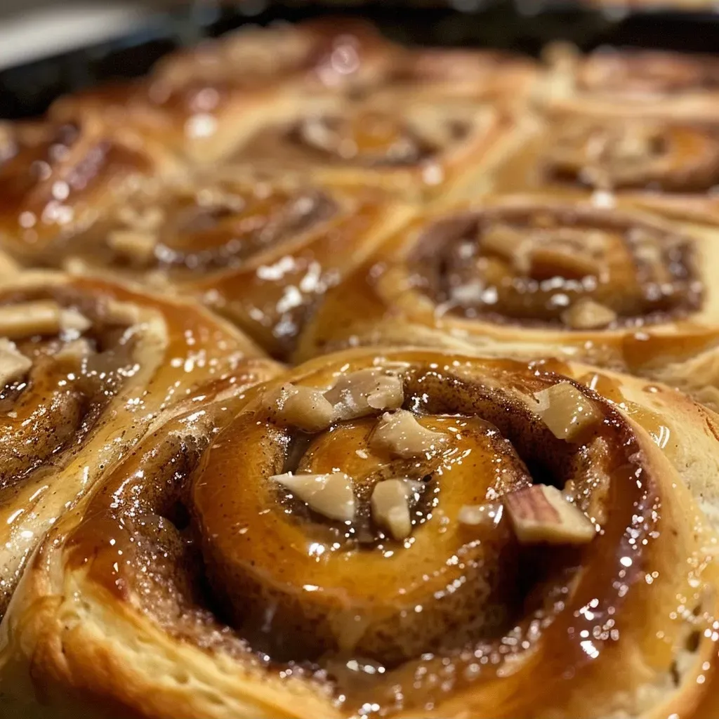 Side view of warm, fluffy cinnamon rolls with a gingerbread color and sweet glaze.