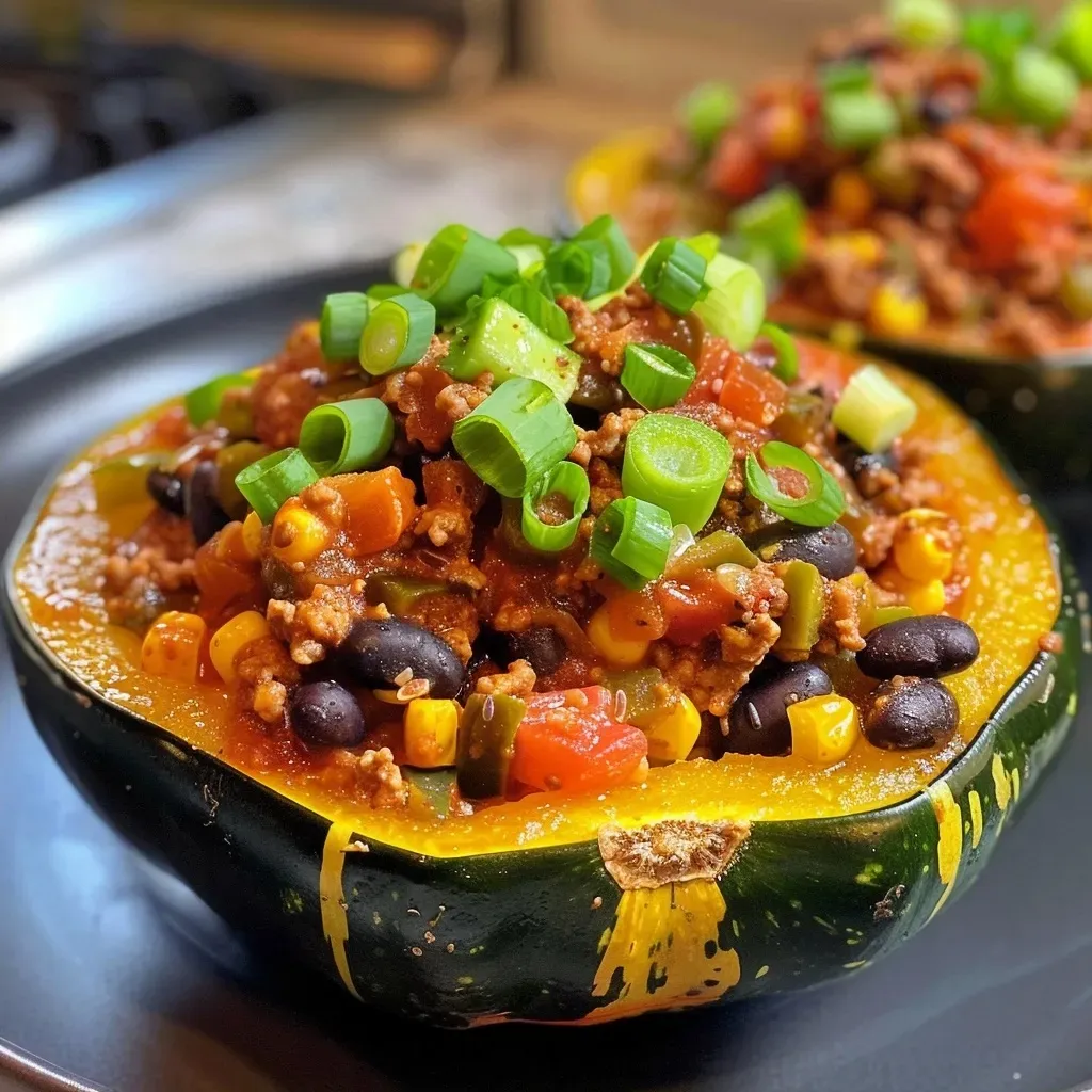 Side view of Southwest stuffed acorn squash showcasing a vibrant filling.